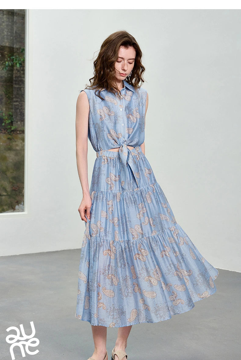 TOYOUTH Women Dress 2026 Summer New Blue Paisley Print Vintage Tank High Waist Tiered Cake Trendy Dresses