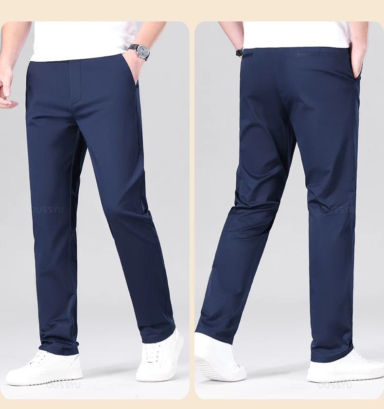 High Quality 97% Cotton Men's Straight Pants Business Solid Color Khaki Light gray Casual Formal Suit Trousers Plus Size 40 42
