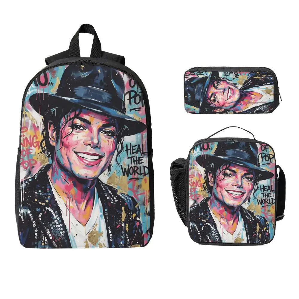 MJ Pop Legend Music 3pecs/set Backpack for Student Shoulder Bag Lunch bag Pencil Case