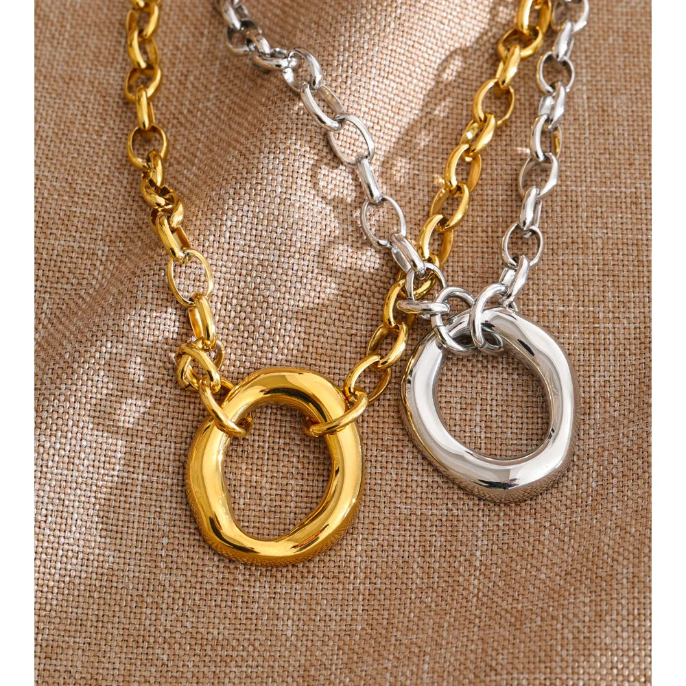 Yhpup Stainless Steel Metal Hollow Round Pendant Statement Necklace 16K Golden Platinum PVD Plated Daily Casual Collar Jewelry