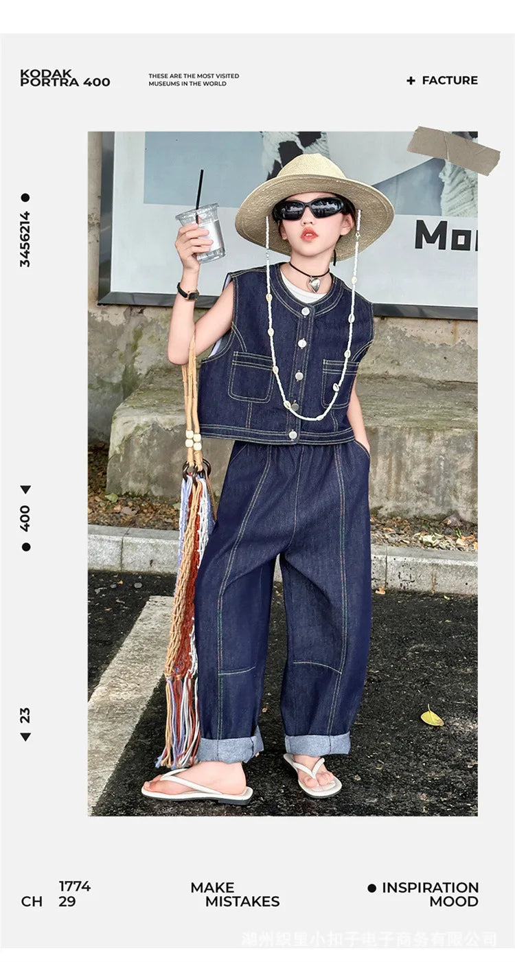 Summer teen Girls Denim Set 2024 Child Sleeveless Cowboy vest+Wide leg pants Two Piece junior kid jeans suit child outfits 10 12