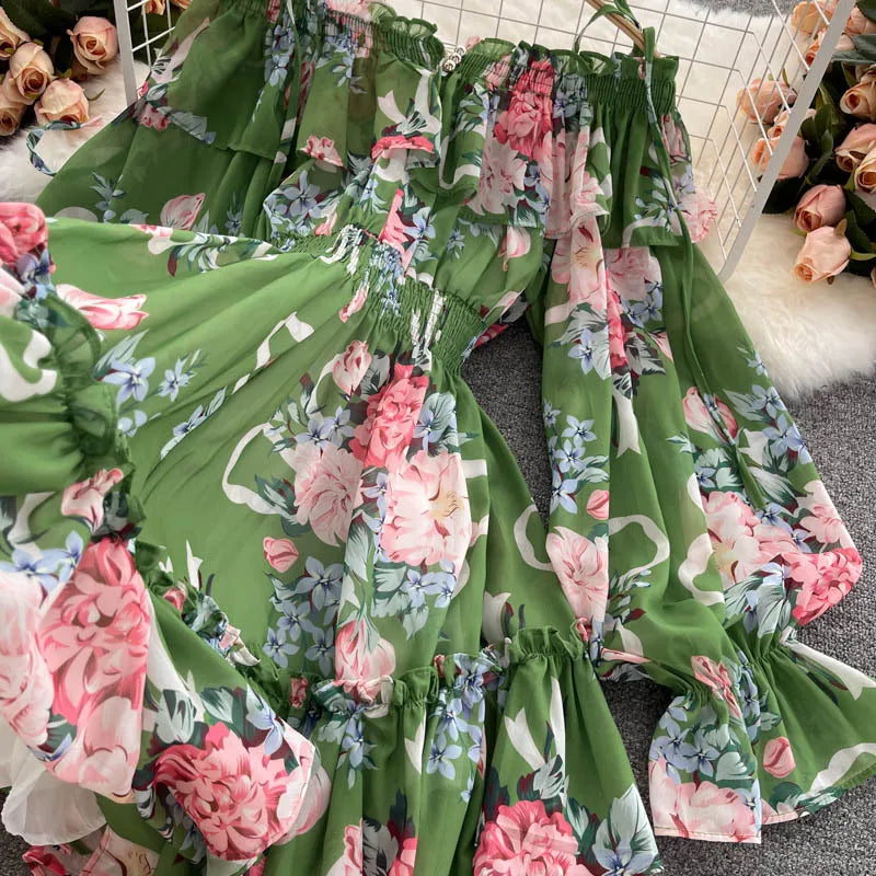 2025 New Retro Summer Beach Vacation Dress Women Sexy Strapless Lantern Sleeve Sweet Floral Jumpsuit Short Chiffon Print Dresses