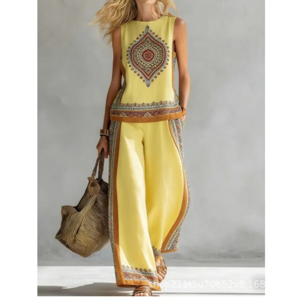 Fashion Retro Printed Sleeveless Tops Trousers 2-piece Set Women's Summer Casual Vest Loose Wide Leg Trousers Female Suit Pocket