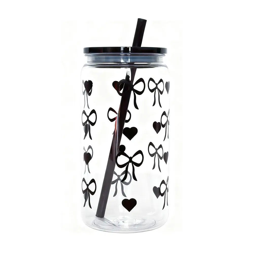500ml Pink Bow Plastic Cups With Lids And Straws Reusable Bow Aesthetic Cup For Drinking Coffee Tea Cocktail For Party Support