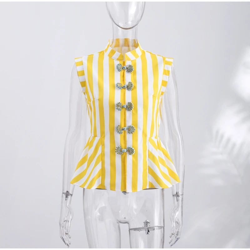 Striped Mandarin Collar Frog Button Ruffle Trim Top Striped Single‑breasted 2026 Summer Women Blouse Versatile Casual Lady Top