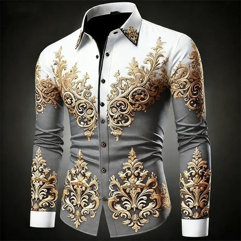 New 12 Color Men's Gold Exquisite Pattern Long-Sleeved Button Retro Floral 3D Printed Hawaiian Shirt Fashionable Shirt