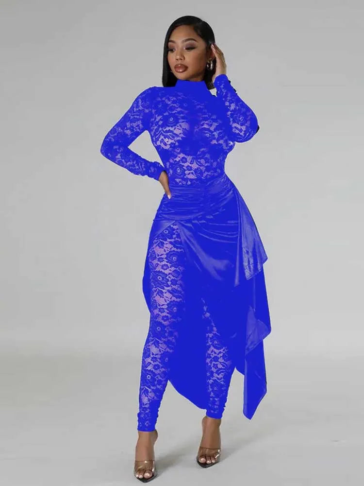 Spring Elegant Woman Jumpsuit Sexy Transparent Lace Full-length Jumpsuit Long Sleeve Jumpsuit with Dress Wholesale Dropshipping