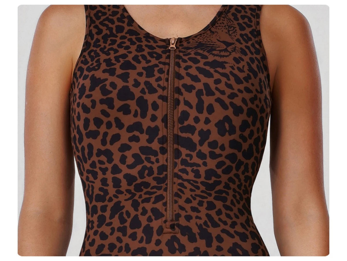 Greenora Leopard Print Yoga Jumpsuit Sleeveless Backless Flare Romper High Waist Slimming Athletic Bodysuit for Workout Fitness