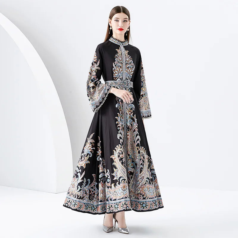 2023 New Silk Long sleeved Ethnic Style Retro Printed Dress for Women's Vacation Style Standing Collar Long Swing Dress