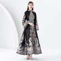 2023 New Silk Long sleeved Ethnic Style Retro Printed Dress for Women's Vacation Style Standing Collar Long Swing Dress