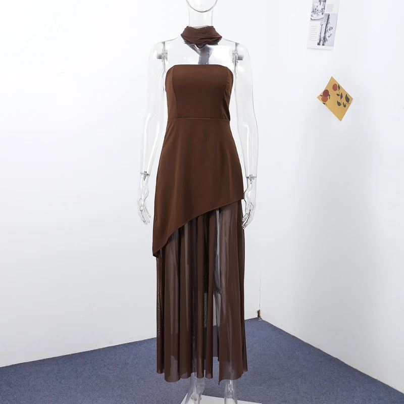 Elegant Halter Long Dress Women's Loose Sleeveless Off Shoulder Floor-length Dresses 2025 Spring Summer Lady Solid Stylish Robes
