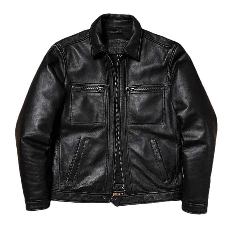 Black Autumn Leather Jacket Men Smart Casual Style Plus Size 5XL Genuine Natural Sheepskin Turn-Down Collar Leather Coat