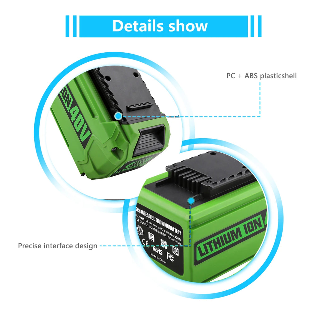 40V  6Ah rechargeable for G-MAX Li-ion Battery for Greenworks Manufacturer Replacement Battery for Lawn Mower Power Tools