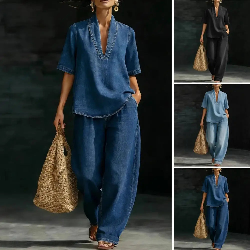 Women's Summer Denim 2 Piece Set Short Sleeve Lapel V Neck Top Wide Leg Pants Casual Vacation Tracksuit Outfits
