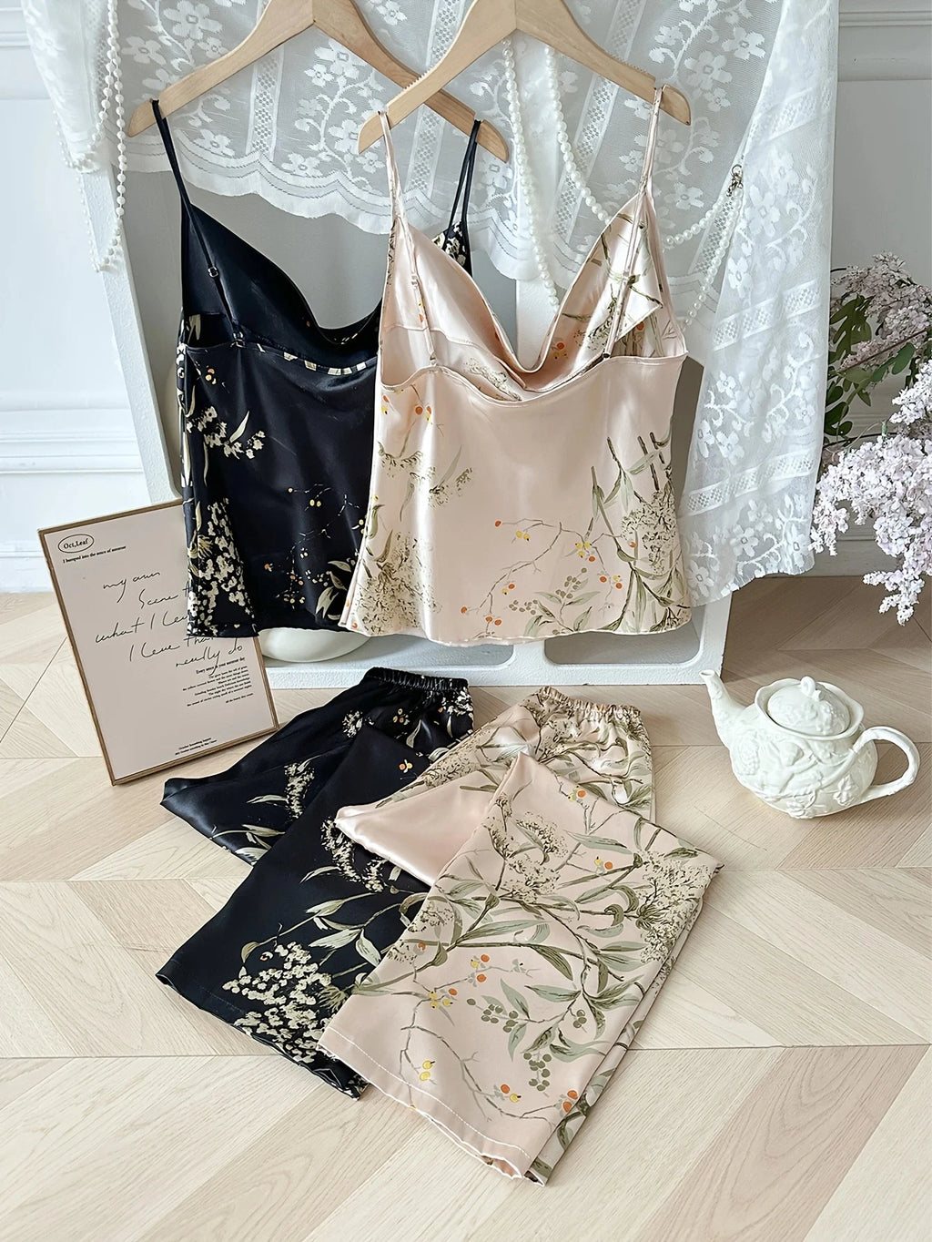 Autumn Women Satin Pajama Set Cherry Floral Print Cami Top and Shorts Sleepwear Versatile Outfit Elegant Comfortable  Loungewear