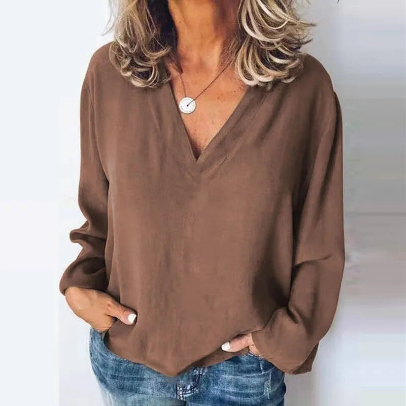 Women's Stitching Shirt Loose Stitching V-neck Long Sleeve Pullover Chiffon Shirt Fall Top Simple Elegant Street Blouse