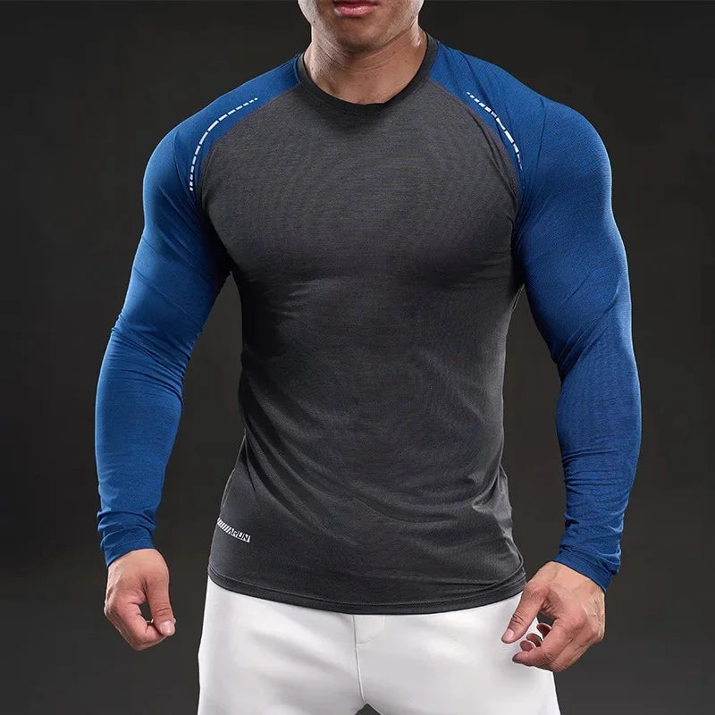 Casual Long Sleeve Crew Neck T-Shirt Fitness Training Outdoor Wear Quick Dry Solid Color Muscle Fit American Style Mens clothing