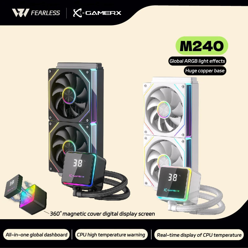 X-GAMERX PowerTrain M240 Water Cooler 240mm Global ARGB Light Effects 360° Magnetic Cover Digital Display Screen AIO CPU Cooler