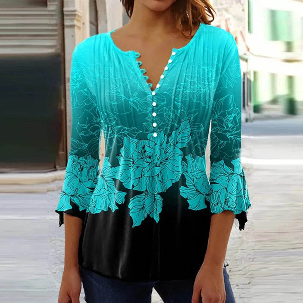 2024 Trendy 3D Printed Shirts for Women Spring Summer 3/4 Sleeve V Neck Buttons Blouse Shirt Elegant Ladies Long Sleeve Tops