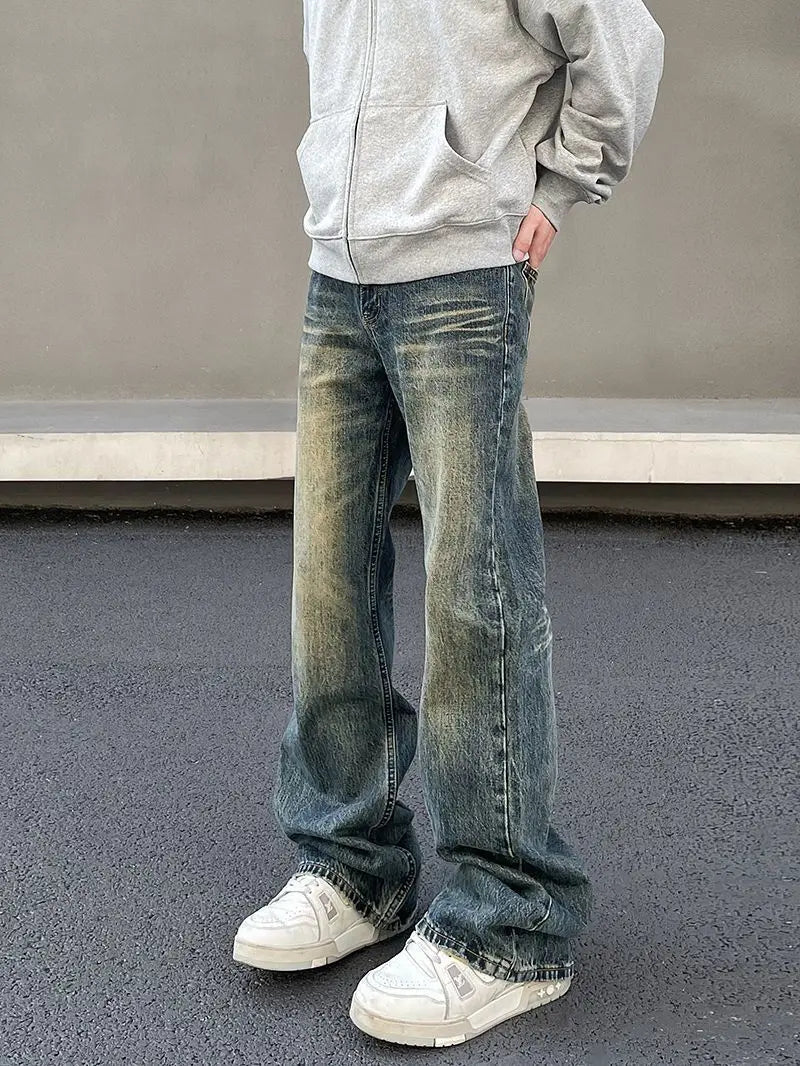 Mens Vintage Washed Distressed Loose Flare Denim Jeans