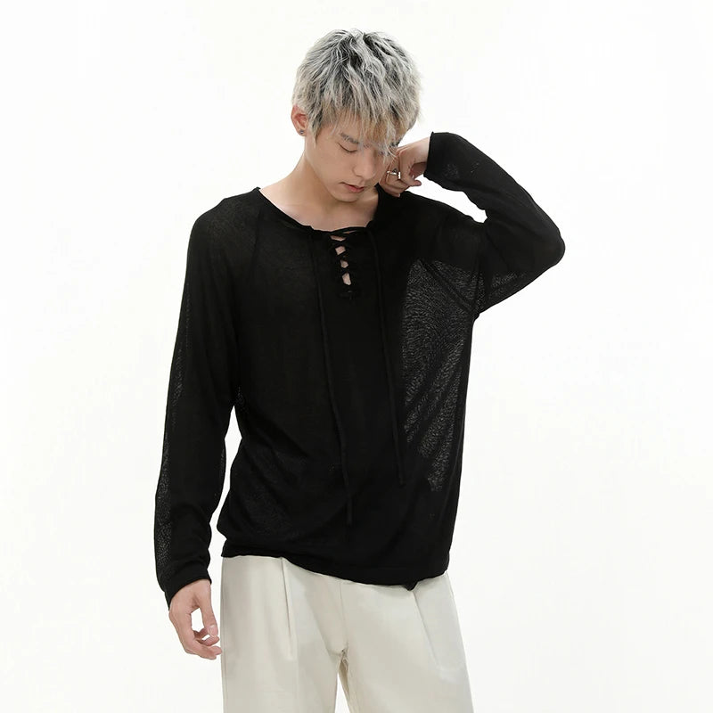 IEFB Niche Design Men's Tees Long Sleeved Round Collar Lace-up Solid Color Simple Tops Loose Pullover Male Tees Autumn 9X533