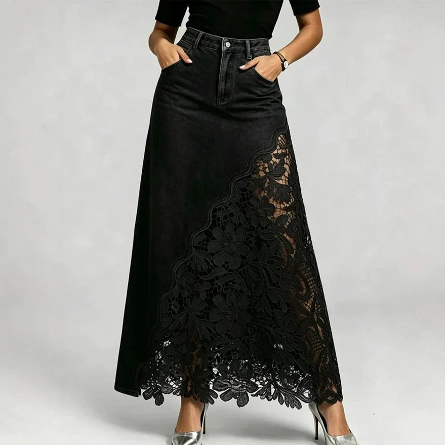 Canwedance Washed Denim Skirts Elegant Floral Lace Patchwork High Waist Maxi Skirt Casual Denim Stretch Pencil Skirt Mujer