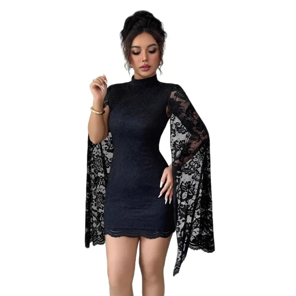 Women Sexy Long Sleeve Lace Dress 2026 Fall Winter, Mandarin Collar Side Slit Slim Midi Dress For Cocktail Dating Night Out