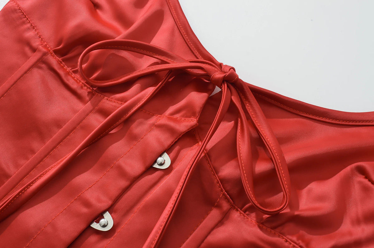 Summer Red Satin Ruched Bra Hook Buttons Sexy Corset Women Cross Lacing Up Bandage Back Tank Tops Bodycon Strapless Crop Top