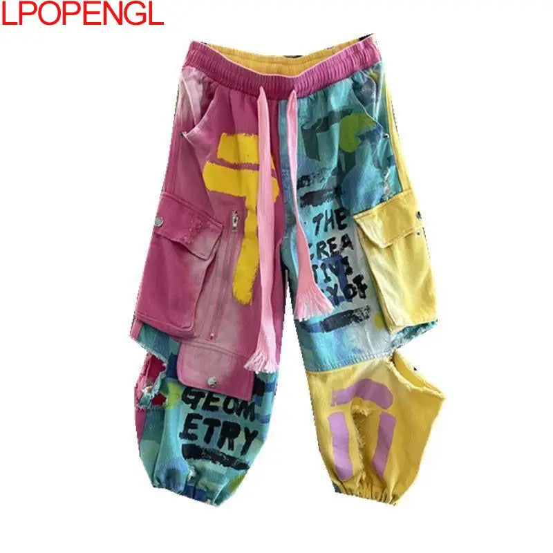 Personality Hip Hop Patchwork Pockets Jeans Women's Spring And Summer New Drawstring Ripped Streetwear Straight Leg Harem Pants