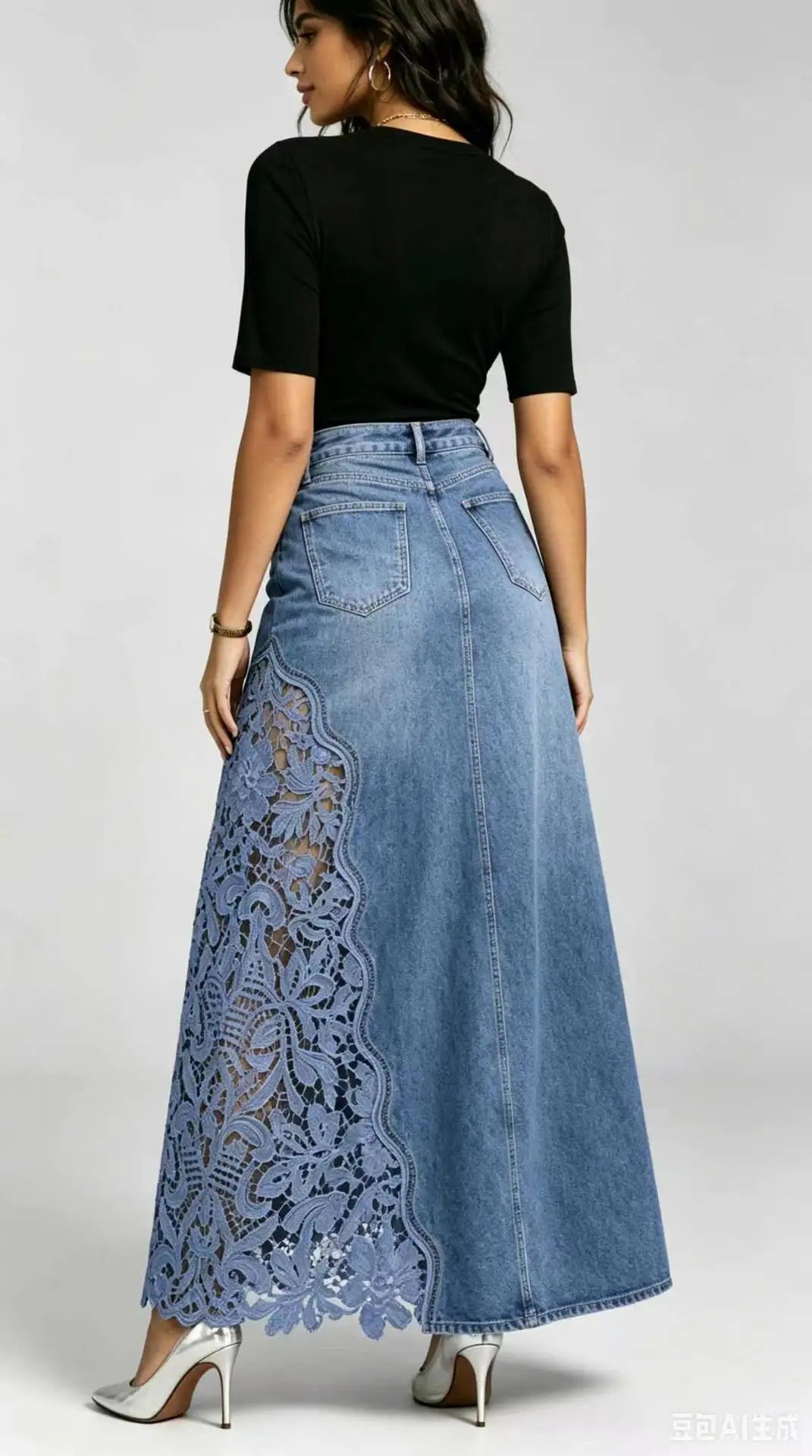 Women High Waist Denim Maxi Skirt Asymmetrical Floral Hollow Lace Patchwork Long Jean Skirt with Pockets Boho A Line Skirt