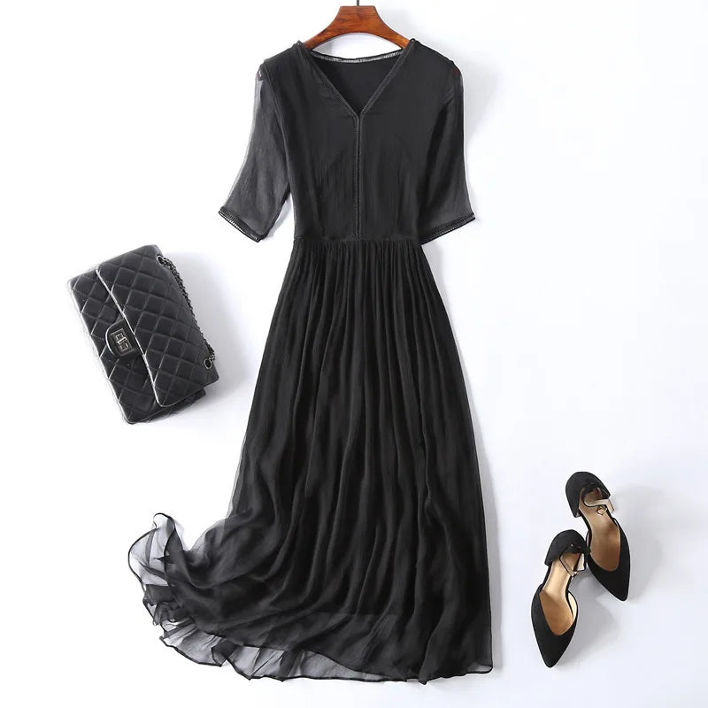 KMETRAM 100% Natural Mulberry Silk Dresses 2025 Woman Summer Elegant V-neck Long Dress Party Frocks Women Clothing Vestidos