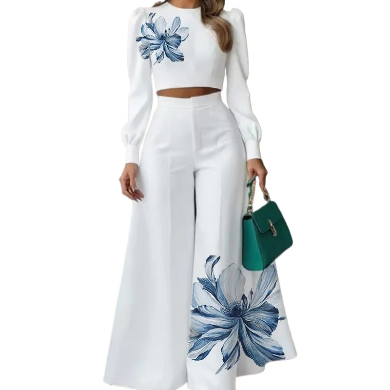 Krisstarsgirls Women's Elegant Floral Print 2 Piece Set 2026 Spring New Puff Sleeves Tops Wide Leg Pants Sets for Office Ladies
