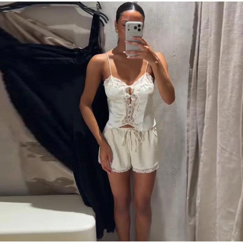 Women Elegant Lace Long Pant Set Square Neck Sheer Ruffle Hem Crop Cami Top High Waist Wide Leg Trousers 2026 Summer Chic Suit