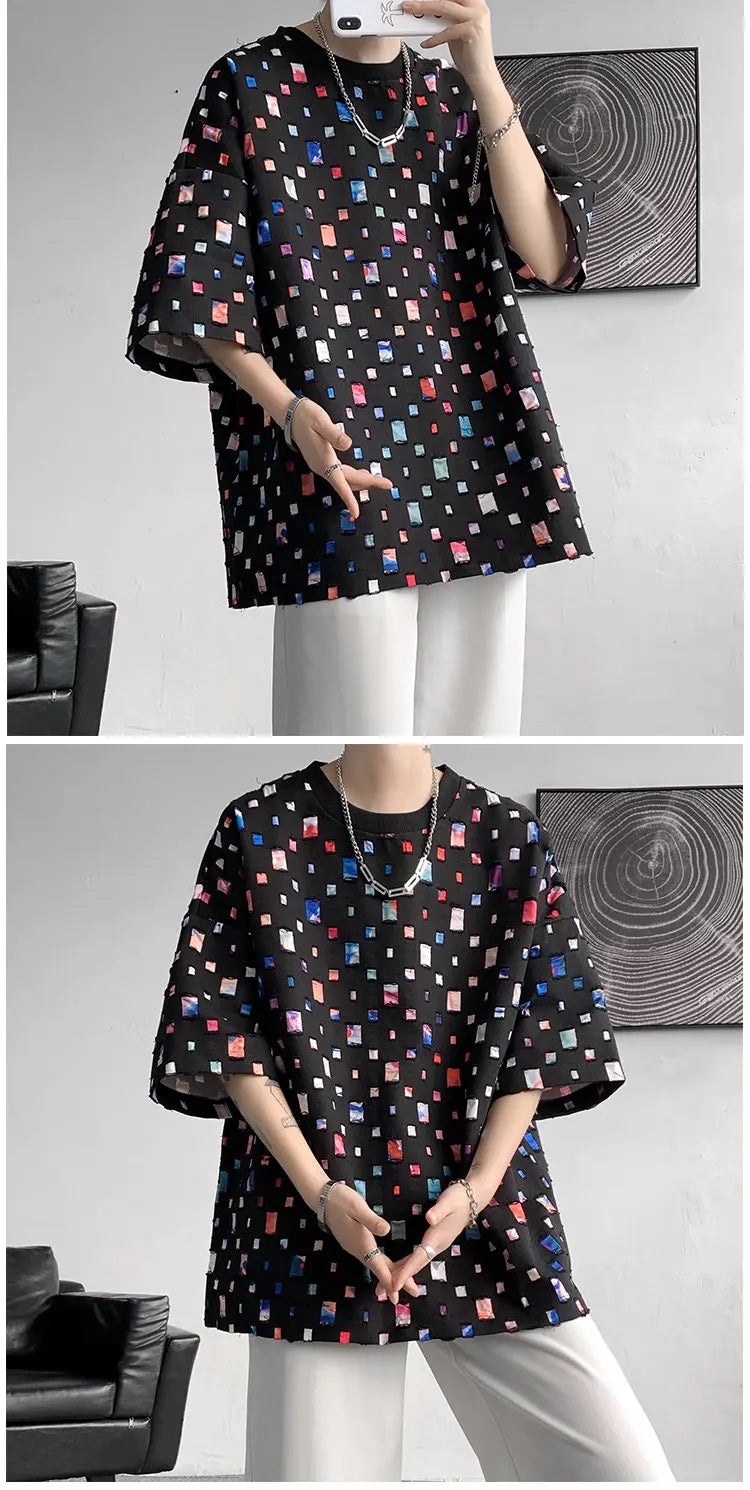 Summer Short Sleeved T-shirt Men Fashion Oversized Plaid T Shirt Men Streetwear Hip Hop Loose Hollow Out Tshirt Mens Large Size