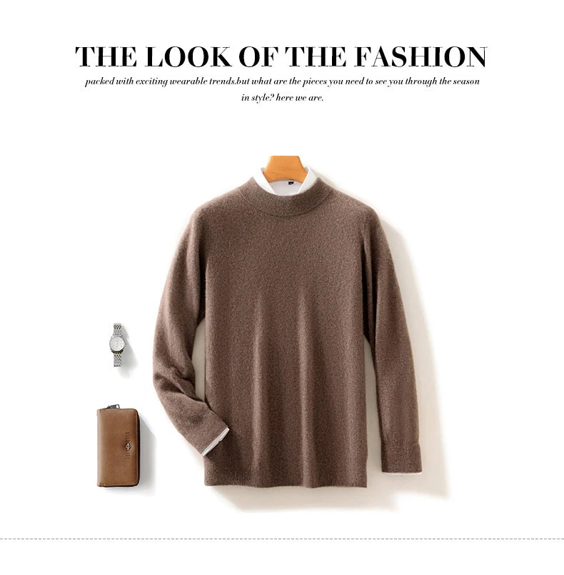 Autumn and Winter Half-high Neck 100% Pure Wool Men's Long Sleeve Leisure Sweater Knitwear