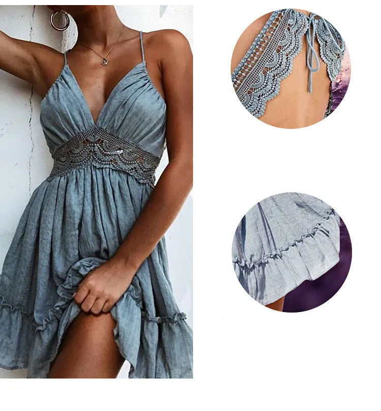 Women's Sexy Backless Lace Spliced Dress Summer V neck Mini Dresses Ladies Fashion Clothes Elegant Evening Dress Drop Shipping