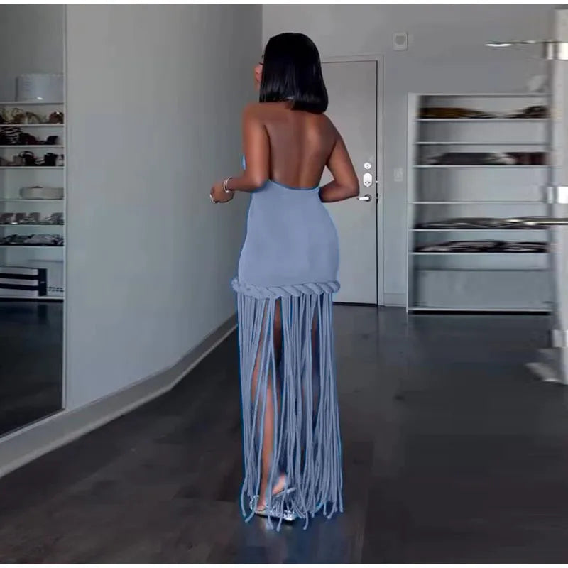 Women Solid Braided Trim Cutout Maxi Dress Sleeveless High Slit Bodycon Fit Gown 2026 Summer Elegant Evening Formal Party Outfit
