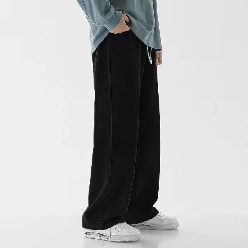2025 New Korean Men's Casual Long Jeans Classic Man Straight Denim Wide-leg Pants Solid Color Light Blue Grey Black ﻿