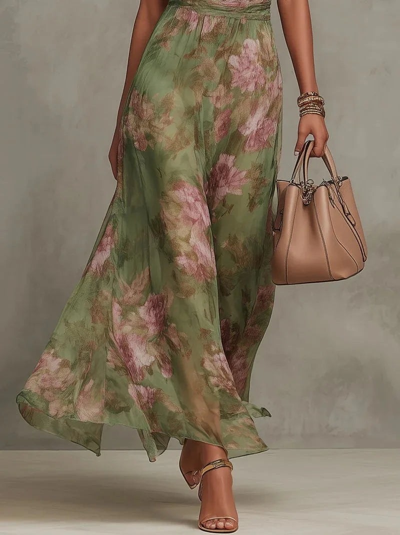 new Flower Print Women's Sleeveless Halter Maxi Dress Summer Fashion High Neck Ruched Waist Elegant Chic Holiday Party Dress