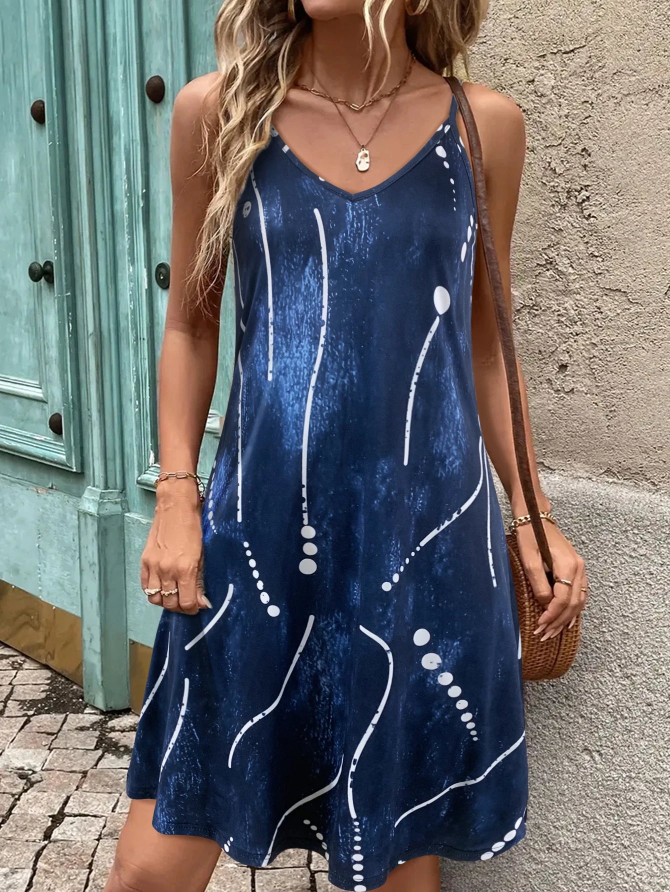 Women's Summer Spaghetti Strap Dress, Blue Abstract Print, Flowy Fit for Vacation Outfits, Lightweight Summer Clothes