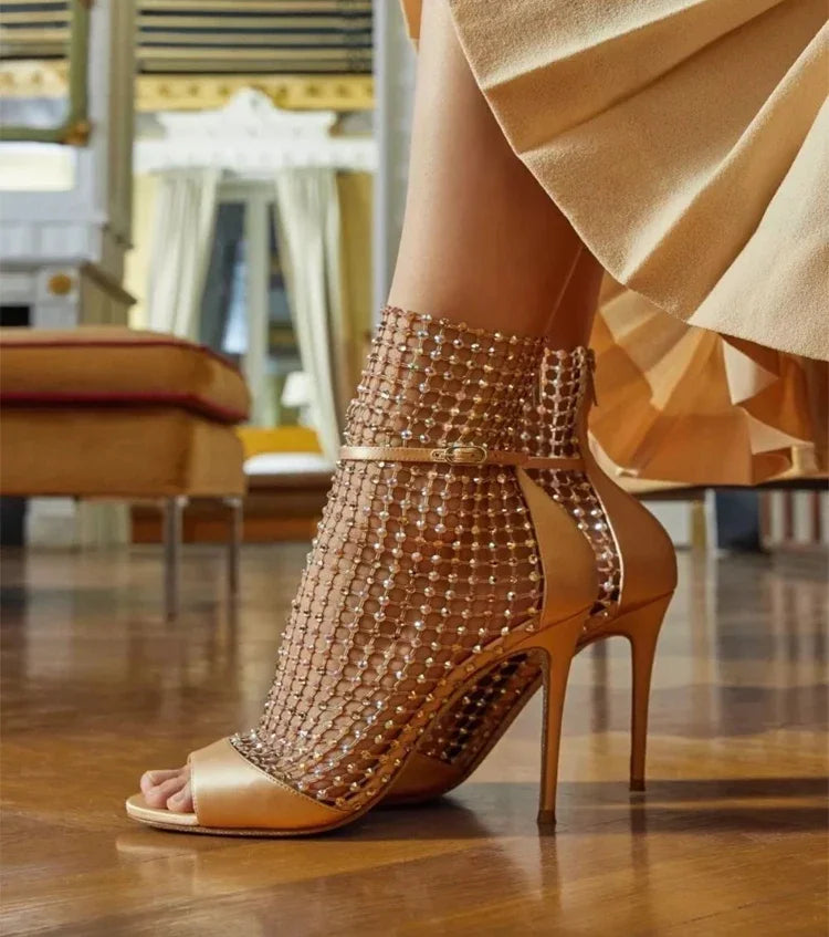 2025 New Star Internet Celebrity Same Style Sexy Water Diamond Fish Mouth Hollow Mesh Cool Boots High Heel Shoes Thin Heels