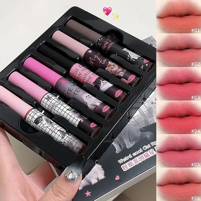 6Pcs/set Cute Cat Mirror Water Lip Gloss Set Red Tint for Lips Makeup Long Lasting Glass Lip Glaze Waterproof Lipstick Kit