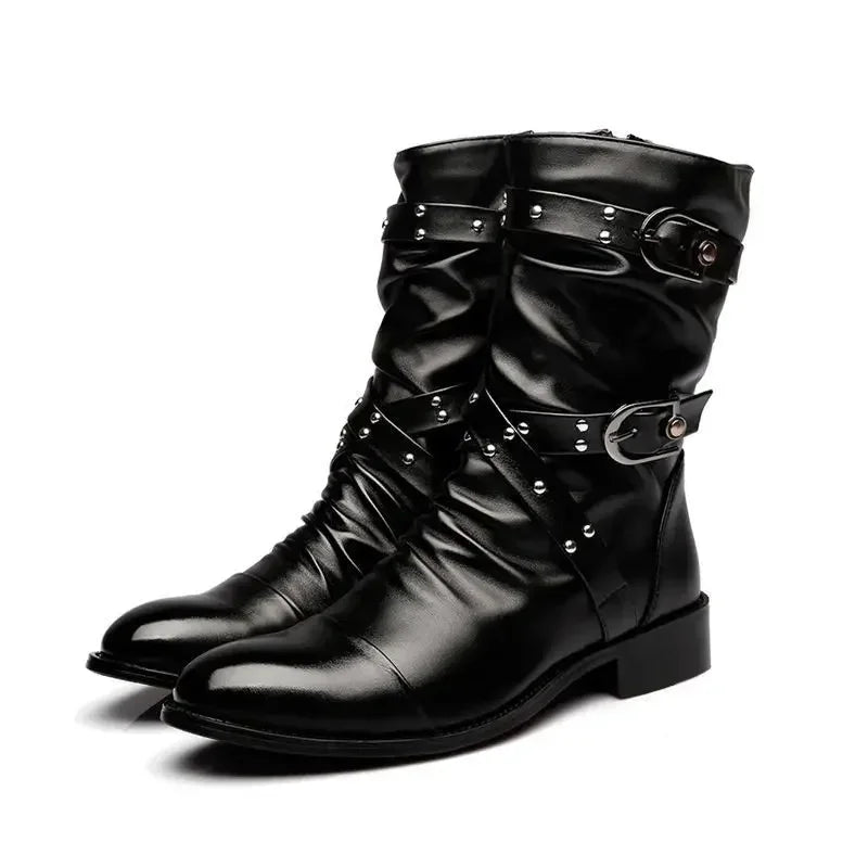 Men's Leather High Quality Mid Tube Boots Fashion Classic Autumn Winter Black Punk Rock Shoes Casual Men