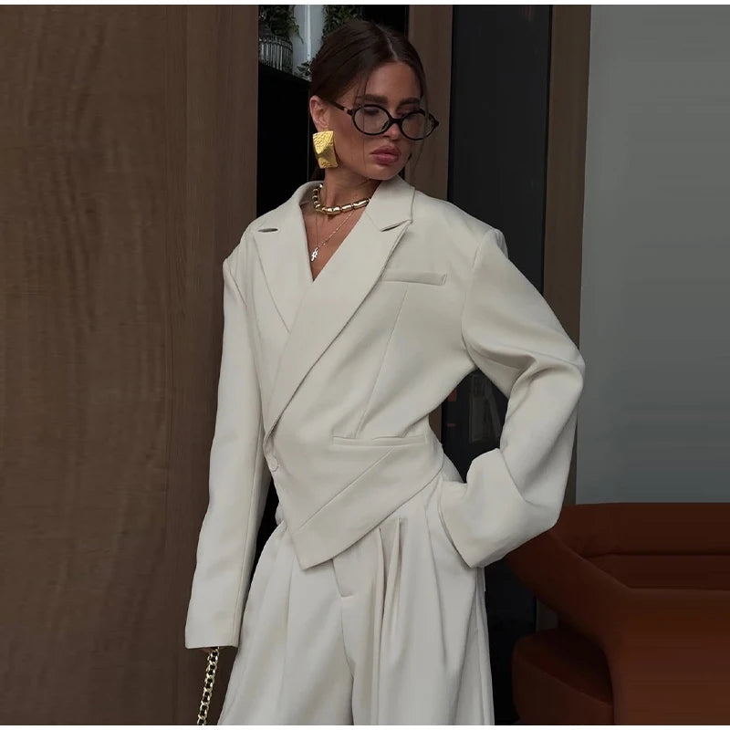 Women Solid Top Pants Set Lapel Neck Single Breasted Oversized Coats Ruff Leg Loose Pants Set Lady Spring Chic Casual Sets Wear