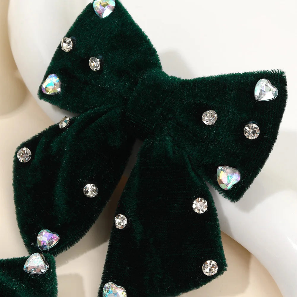 2Pcs Girls Velvet Bow Hair Clips Elegant Heart Shape Rhinestones Hairpins Vintage Burgundy Barrette Fall/Winter Hair Accessories