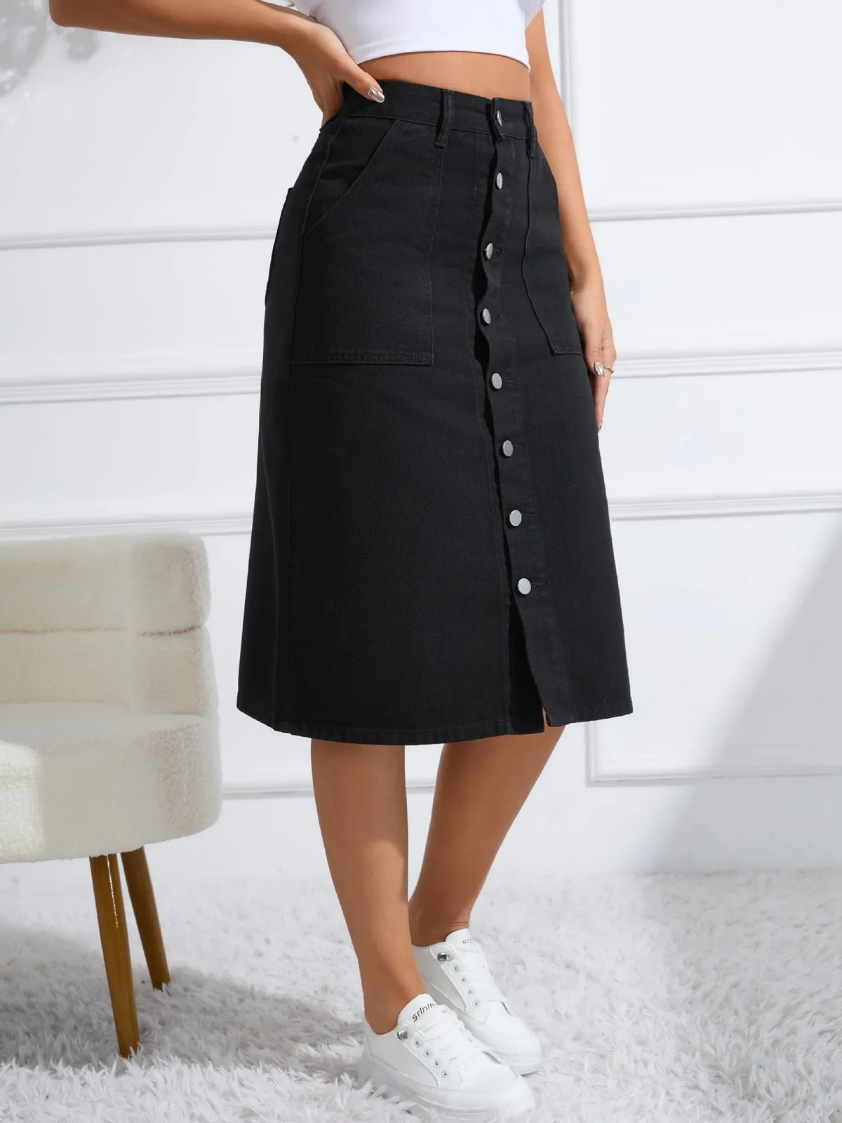 Women High Waist Stretchy Denim Pencil Skirt Midi Length Knee-Length Slit Bodycon Flattering Casual Daily Streetwear