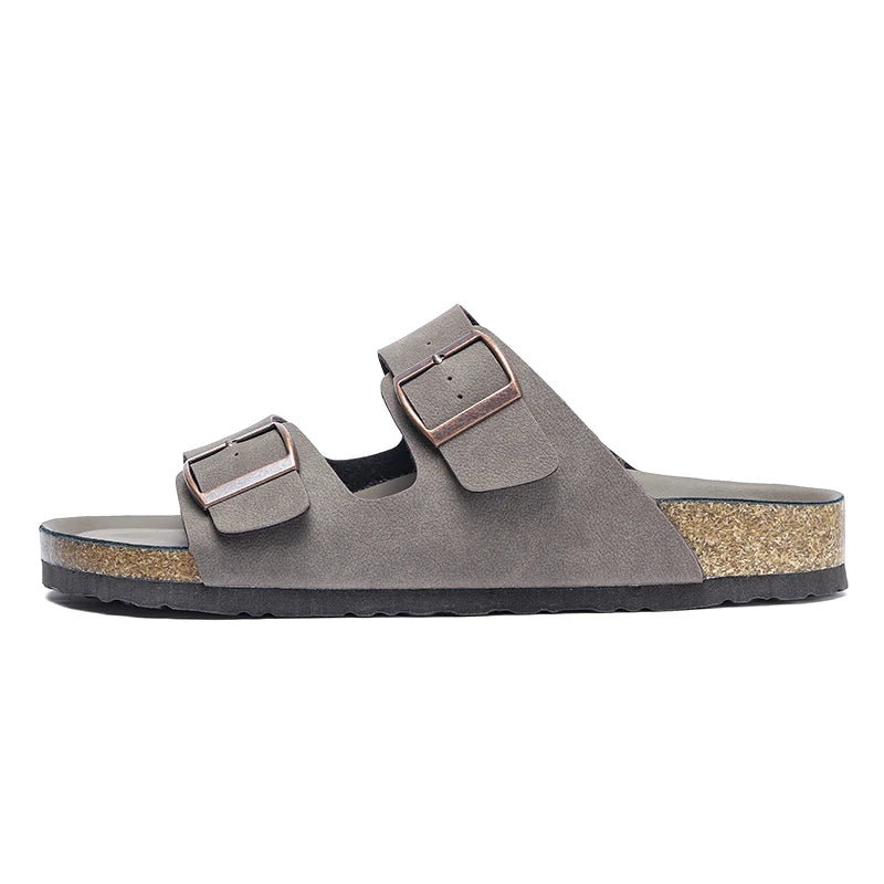 Summer Men Women Cork Slippers Clogs Microfiber Leather Slides Casual Slip On Sandal Double Buckle