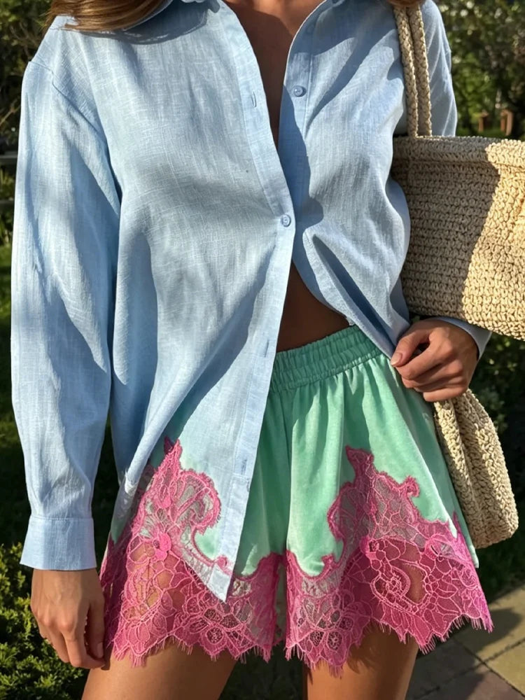 Y2K Velvet Lace Splicing Shorts Women Elastic Waist Contrast Pink Lace Trim Summer Loose Mini Pants Beach Vacation Wear Clothes