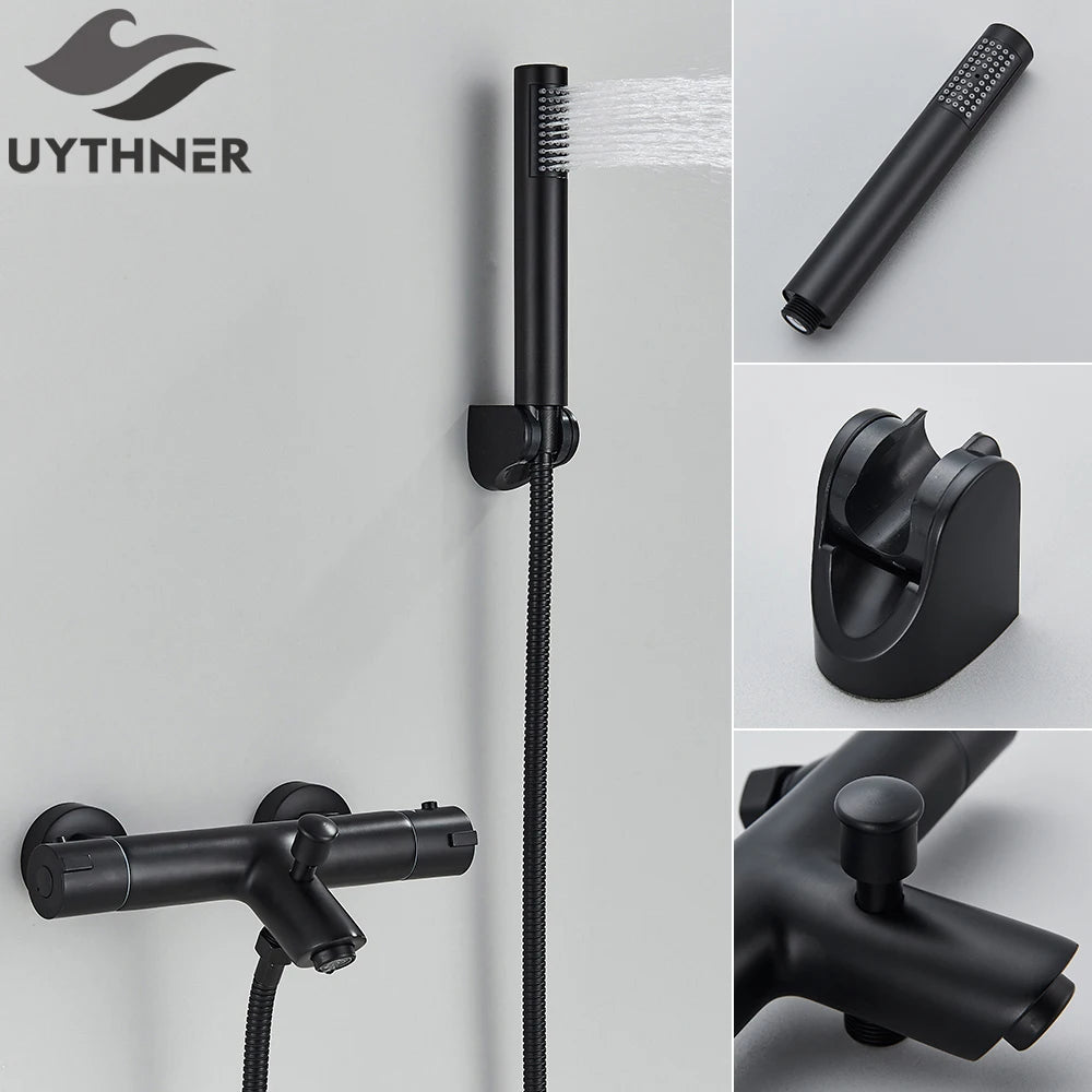 Thermostatic Shower Set Black/Chrome Brass Wall Mounted Bathroom Shower Thermostat Mixer Valve Handle Spray Bathroom Accessories