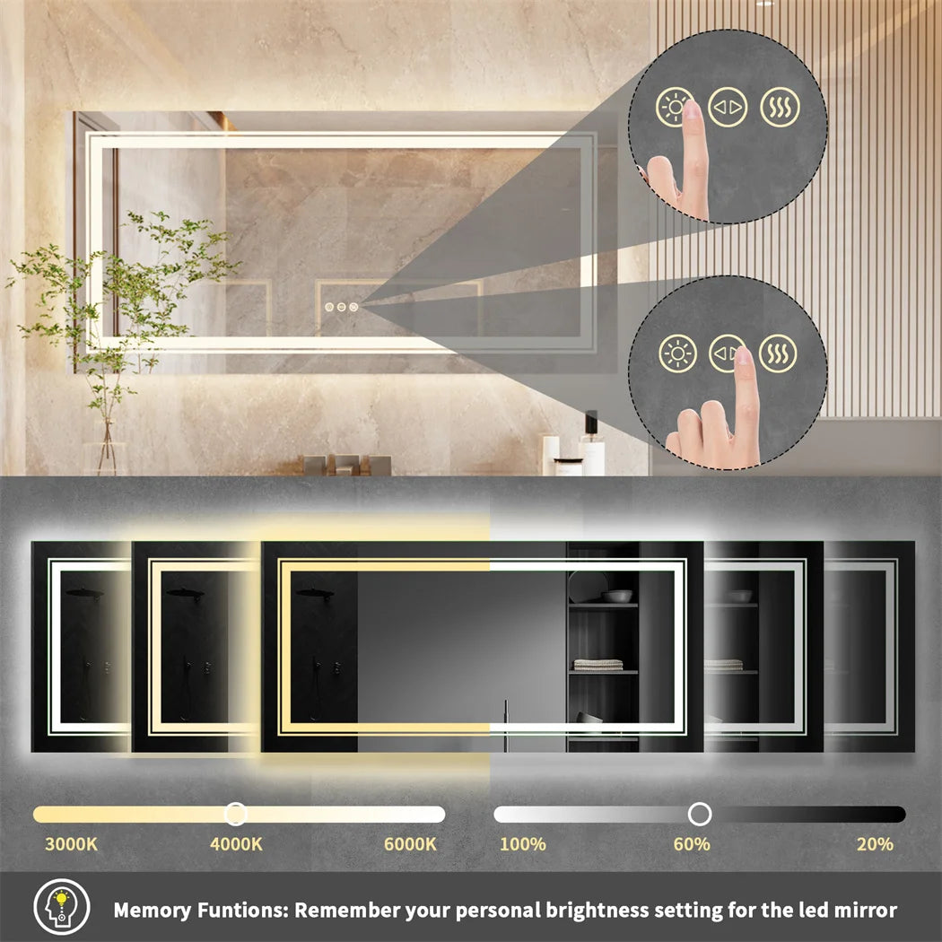 LUVODI 180cm Extra Large Wall Mounted Vanity Dressing Mirror Anti-Fog Dimmable Backlit with 3 Lighting Settings for Makeup And Shaving Horizontal/Vertical